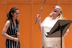 flutist Tara Helen O'Connor with a masterclass student